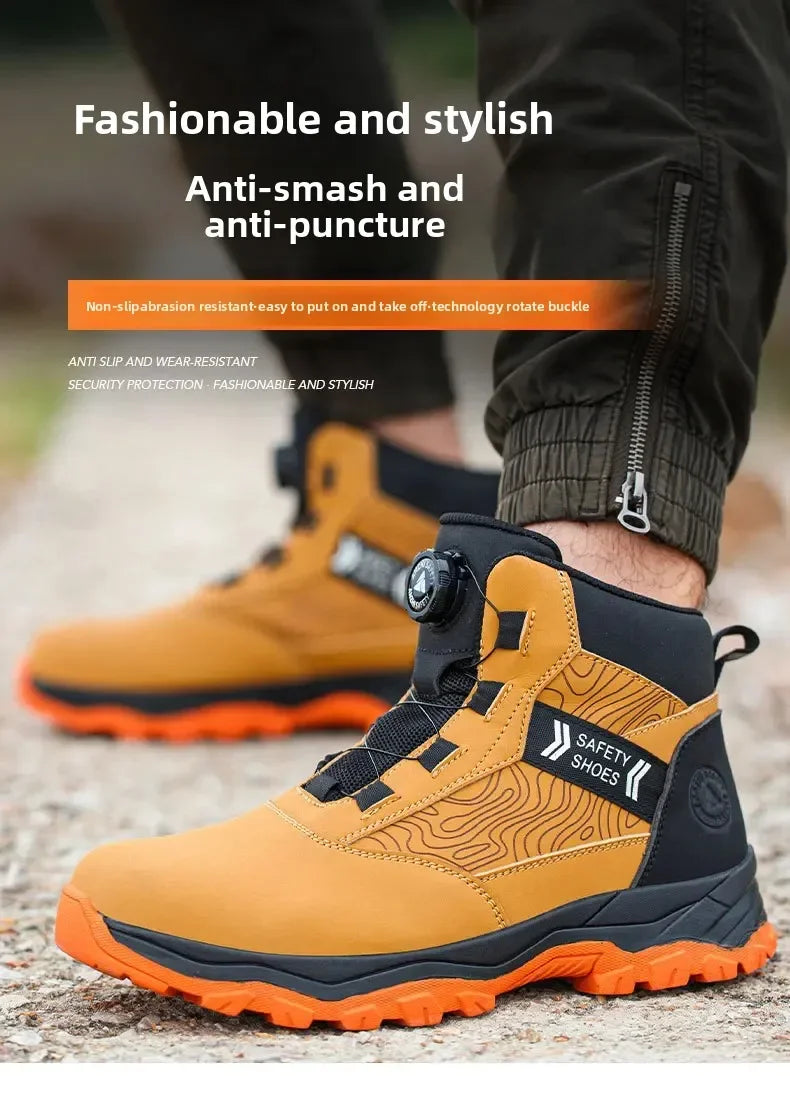 Waterproof Steel Toe Work Shoes Anti Crush Slip Resistant with Rotating Buckle No Tie Cross-Border Labor Protection Shoes