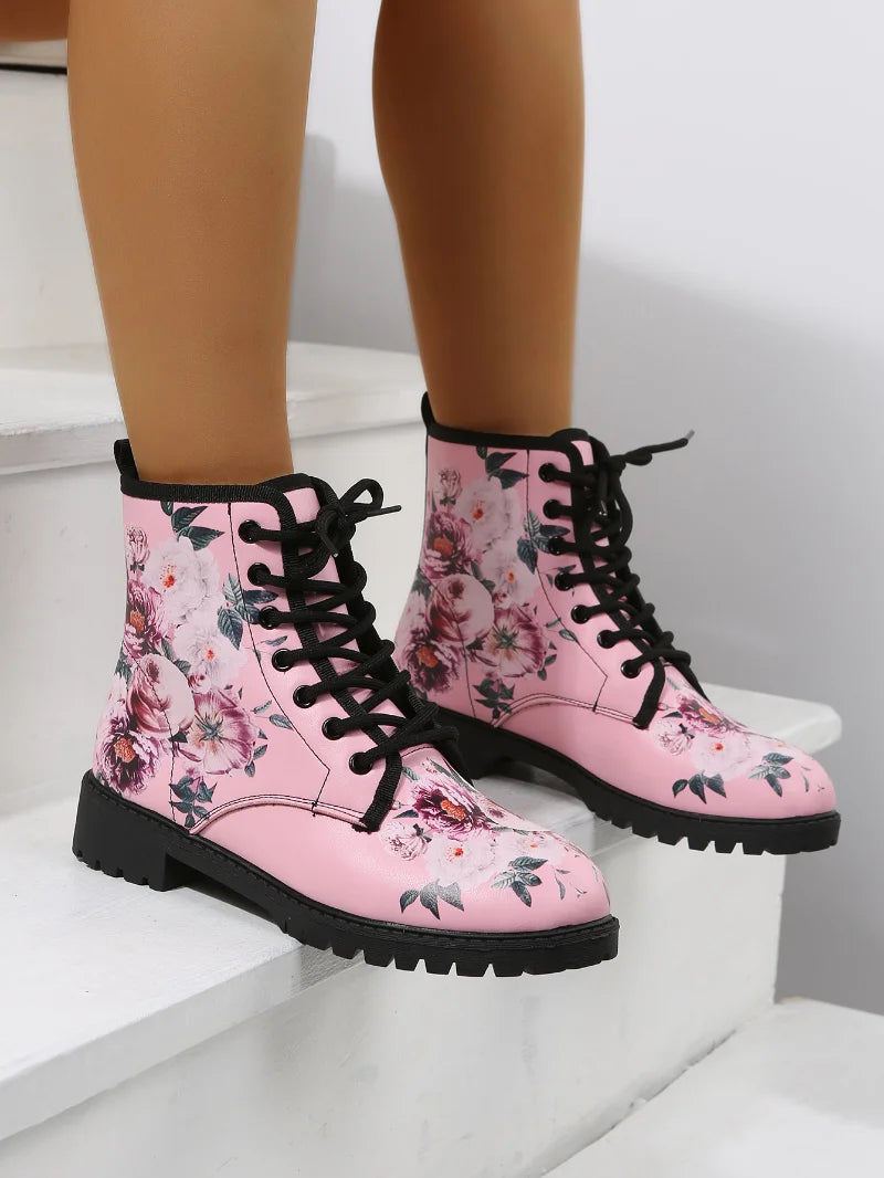 Comemore Spring 2025 Boots Leather Toe Lace-up Mid-tube Flat Pink Leather Boots Fashion Women's Low Heel Boot Shoes Plus Size 46