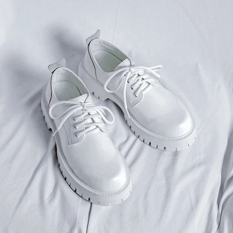 Men Korea Leather Platform Oxfords Slip On Thick Tottom For Male Derby Shoes Casual Loafers Mens Square Toe Formal Dress Shoes