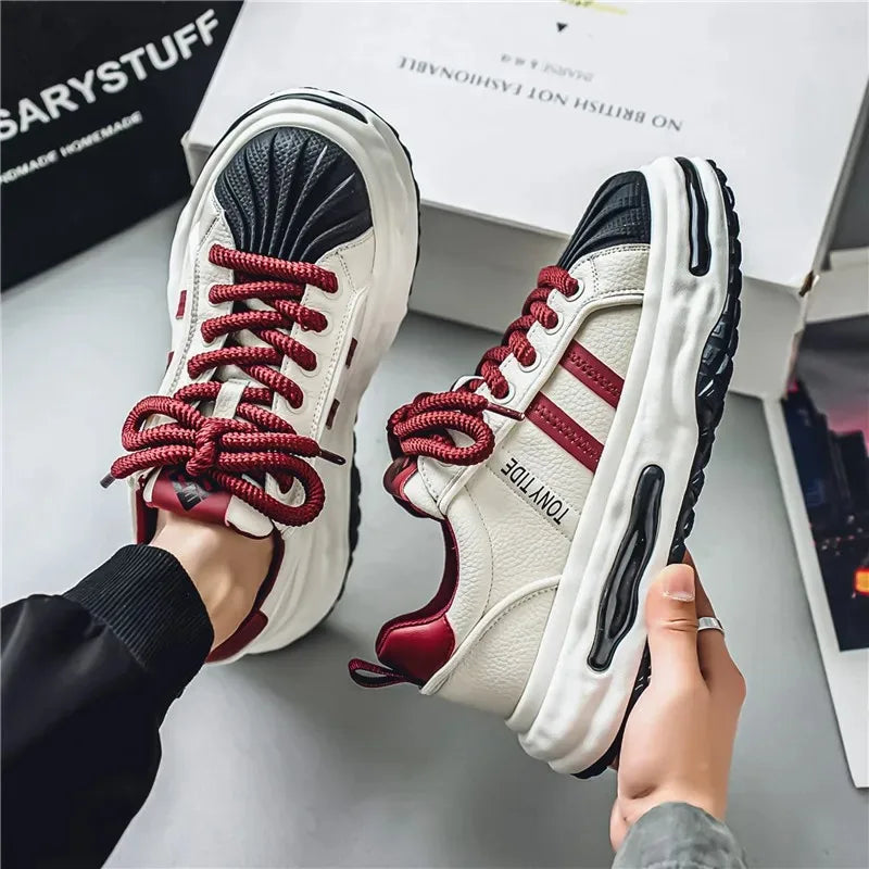 Men's Sneakers Design Printing Leather Casual Sports Shoes Fashion Comfortable Height Increased Flat Platform Skateboard Shoes