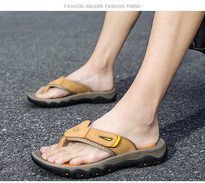 Cow Leather Outdoor Men Slippers Non-slip Wear-resistant Men's Flip Flops Summer Casual Shoes For Men Beach Sandals Plus Size