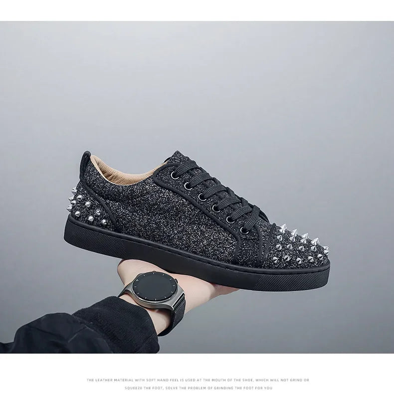 Trend Men Leather Casual Shoes Punk Style Rivet Flat Skate Shoes Young Man Street Black Sneaker