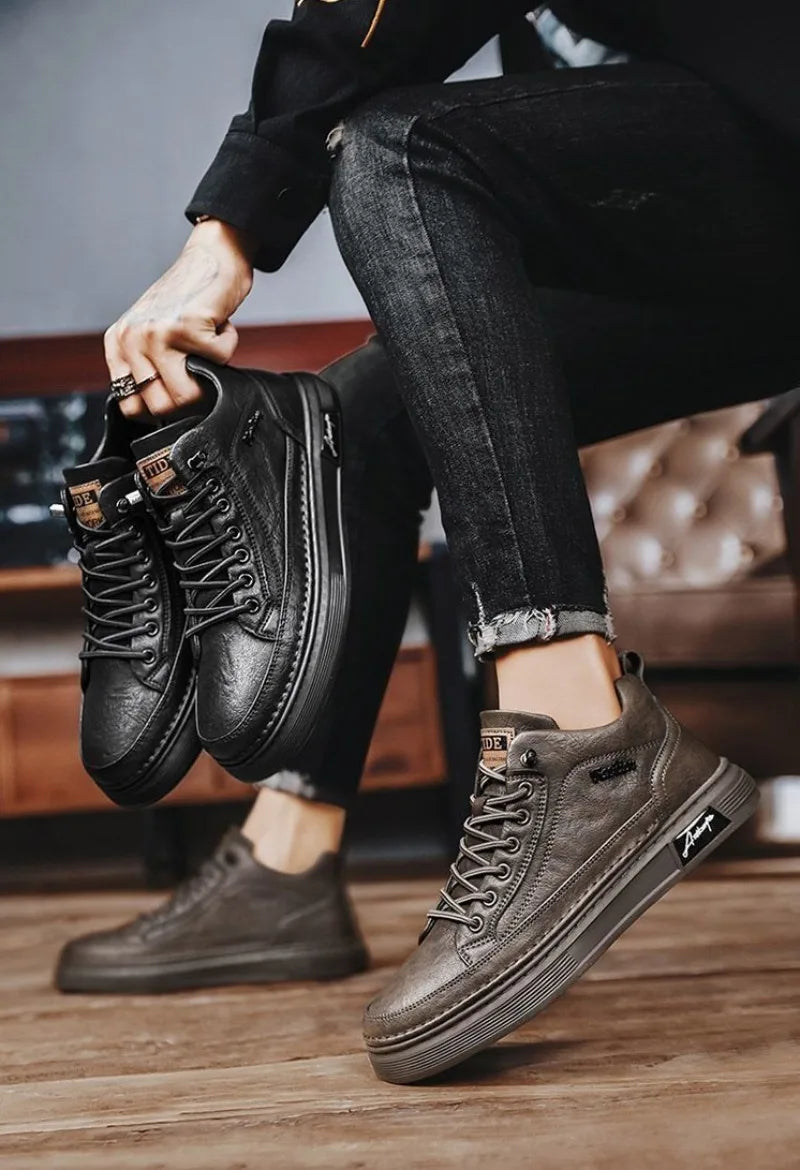 Classic Men Leather Casual Shoes Spring New High Top Platform Shoes Loafers Luxury British Business Style Walking Shoe Masculino