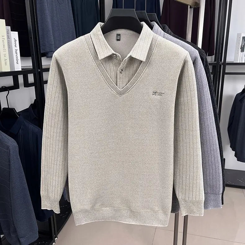 Mens Sweater Polo Collar Label Patchwork Stripes Plush Wool Liner Knitted Thickened Sweater Brand Luxury Print Thermo Menswear