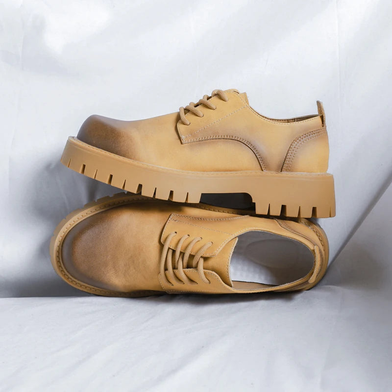 Men Korea Leather Platform Oxfords Slip On Thick Tottom For Male Derby Shoes Casual Loafers Mens Square Toe Formal Dress Shoes