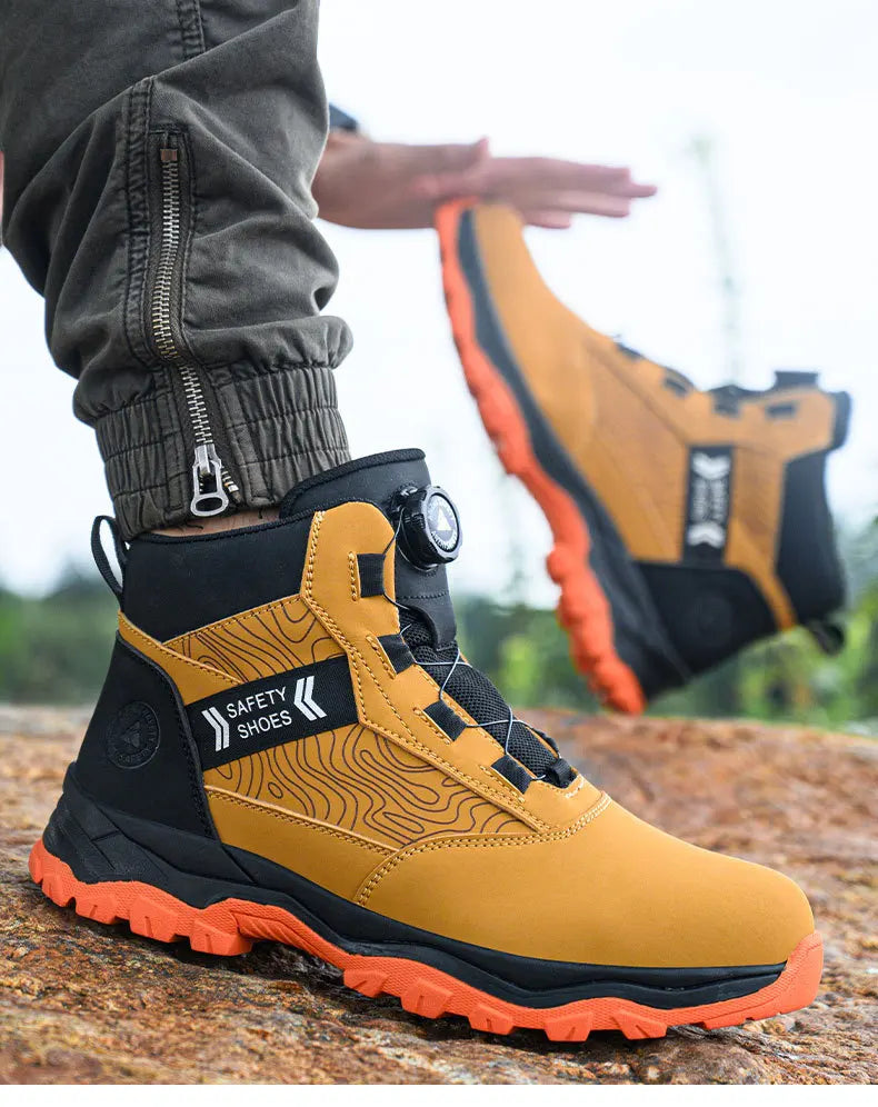 waterproof work shoes high man rotating button safety shoes anti-slip rubber outsole work boots sneakers with steel toe cap
