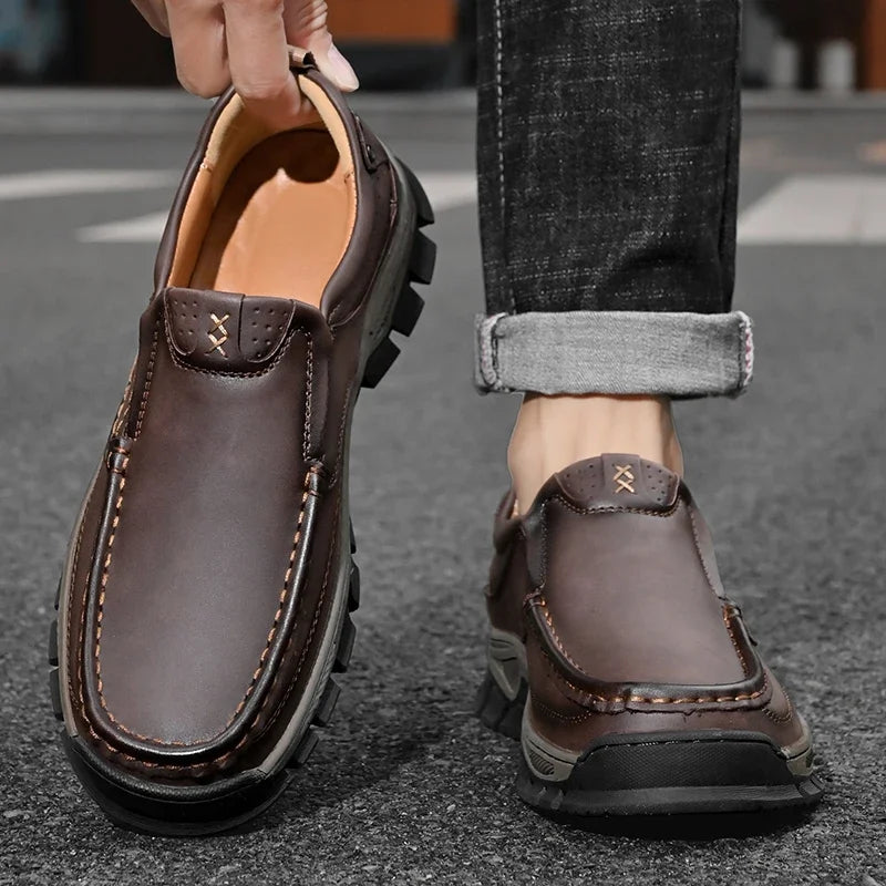 Retro Style Leather Loafers Mens Comfort Casual Shoes Breathable Male Driving Footwear Moccasin Travel Climbing Camping Footwear