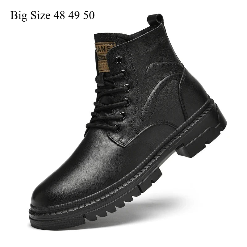 Men's Black Leather Boots Side Zipper Lace-Up Ankle Boots Non-Slip Platform Combat Boots for Casual Work Outdoor Big Size 49 50