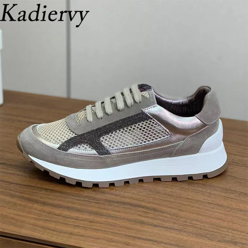 Casual New Sneakers Woman Round Toe Lace Up Outdoors Shoes Cow Suede Patchwork String Bead Comfort Flat Women's Sports Shoes
