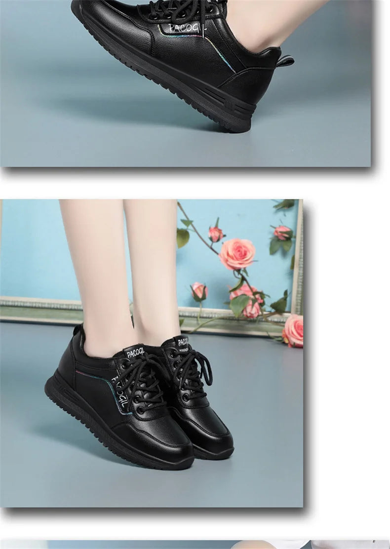 Women Versatile Non-slip Spring Autumn Soft Sole Soft Leather Shoes Fashion Breathable Lace-Up Solid Casual Flat Sneakers