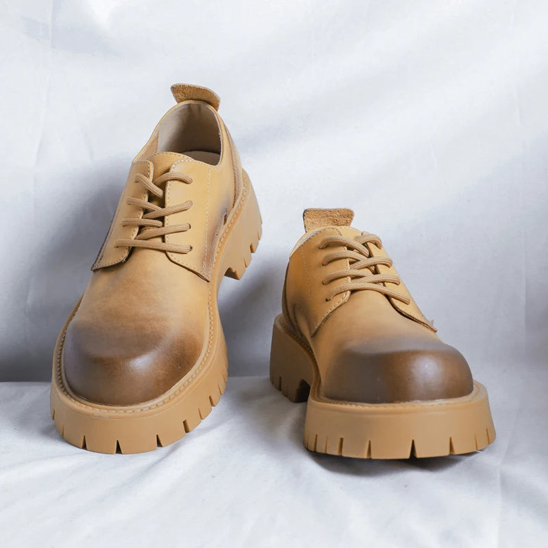 Men Korea Leather Platform Oxfords Slip On Thick Tottom For Male Derby Shoes Casual Loafers Mens Square Toe Formal Dress Shoes