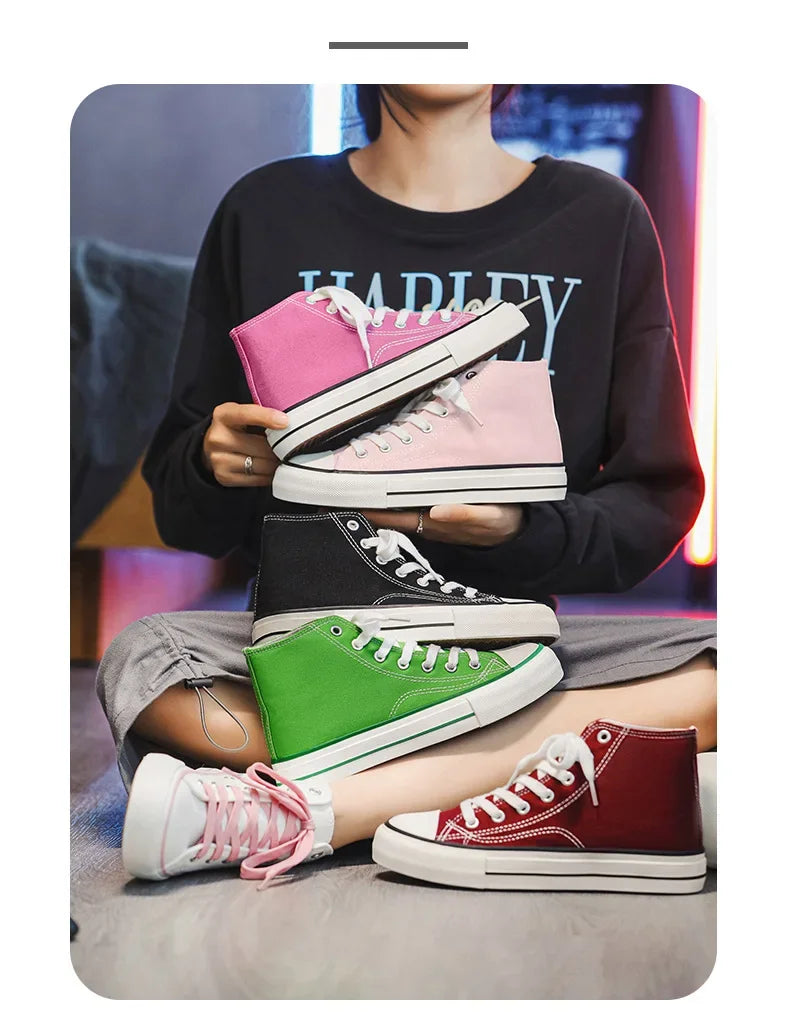 Retro High Top Canvas Shoes Classic Breathable Unisex Spring Autumn Fashionable Couple Style Cotton Lined Flat Bottom Sneakers
