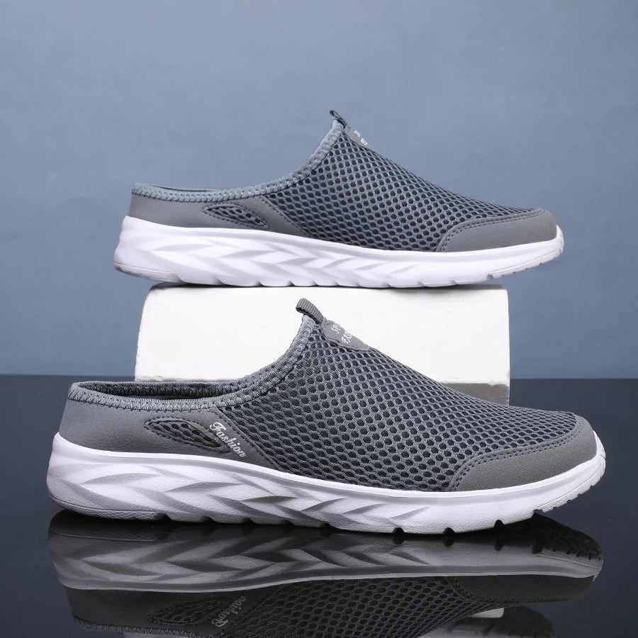 New Mens Half Slippers Summer Breathable Mesh Shoes Men Outdoor Casual Slip on Sandals Comfortable Lightweight Mesh Slippers Man