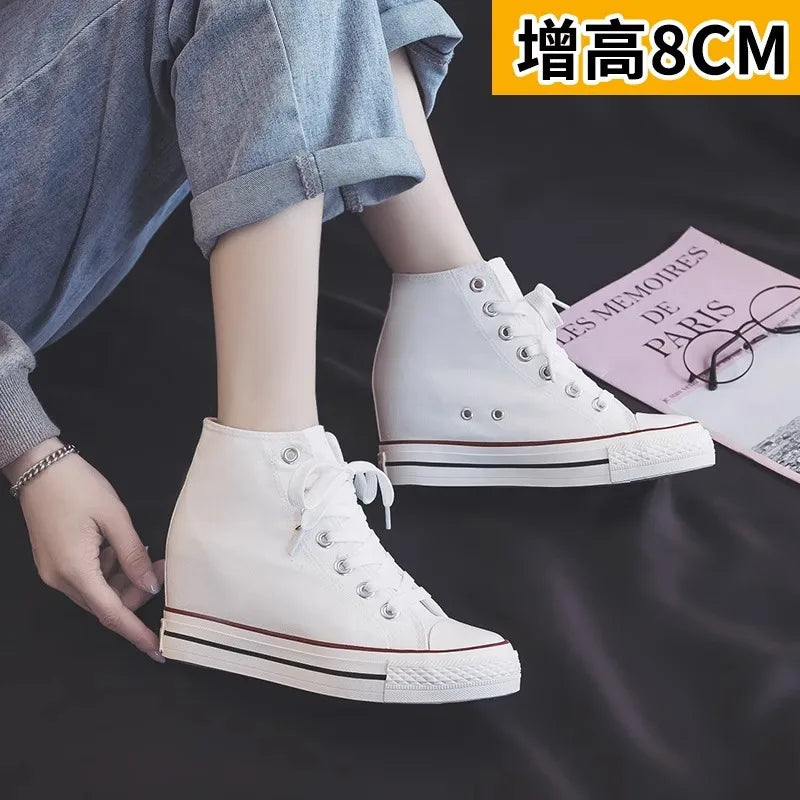 8cm High Heels Shoes Casual Canvas Shoes Platform Wedges High Top Ladies Hidden Wedge Heels Elevator Shoes