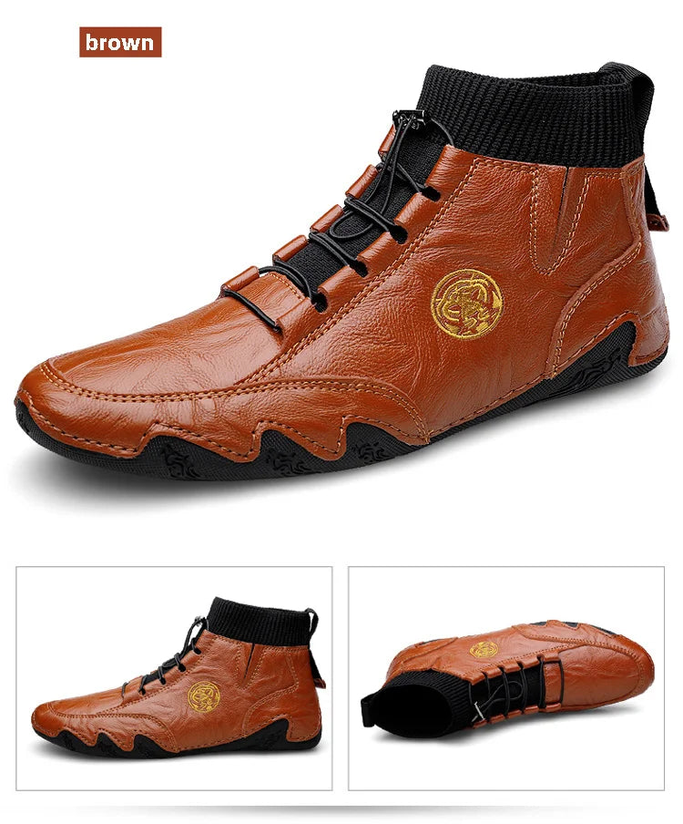 CLOHOO Men's Wear-resistant Boots Casual Classic Genuine Leather Handmade Shoes Ankle Round Toe Lace Up Walking Business Boot