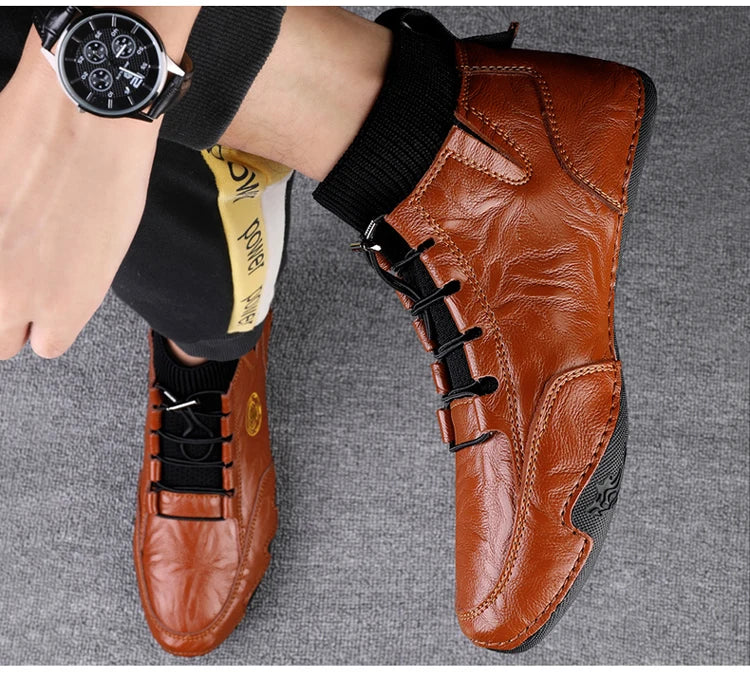 CLOHOO Men's Wear-resistant Boots Casual Classic Genuine Leather Handmade Shoes Ankle Round Toe Lace Up Walking Business Boot