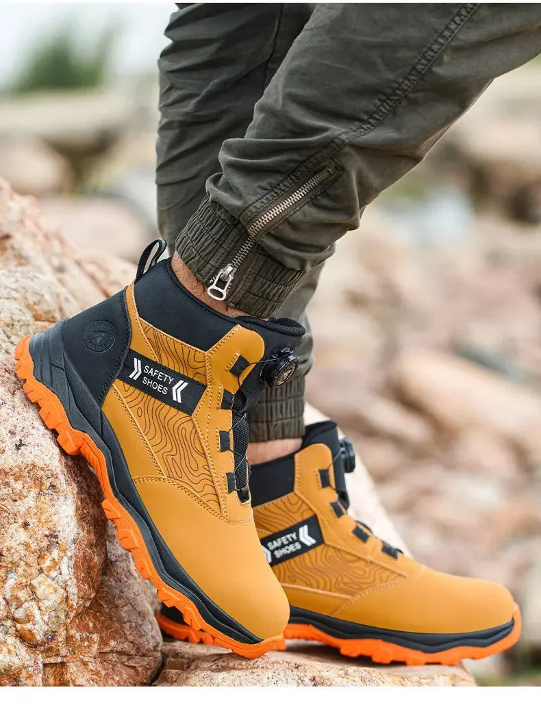 Waterproof Steel Toe Work Shoes Anti Crush Slip Resistant with Rotating Buckle No Tie Cross-Border Labor Protection Shoes