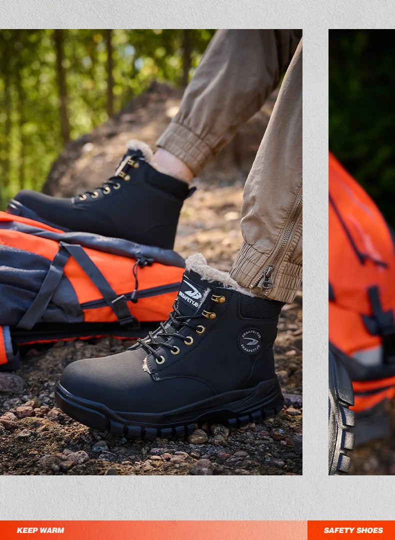 New 2024 Fashion Winter Velvet Work Safety Boots For Men Nail Proof Indestructible Waterproof Steel Toe Cap Male Sneakers