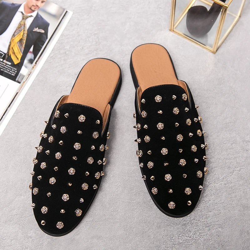 FashioNew Men Half Slippers Charm Punk rivet Loafers Casual Patent Leather Mules Moccasins Breathable Silver Black Driving Shoes