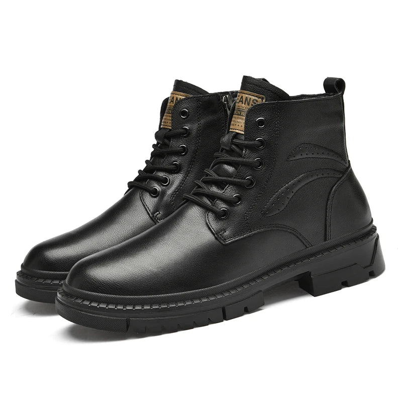 Men's Black Leather Boots Side Zipper Lace-Up Ankle Boots Non-Slip Platform Combat Boots for Casual Work Outdoor Big Size 49 50