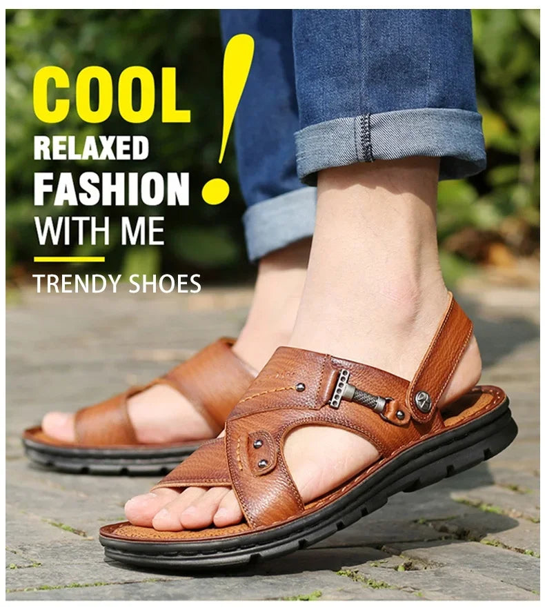 LAORENTOU leather male sandals casual beach shoes wear non-slip sandals and sliers cowhide