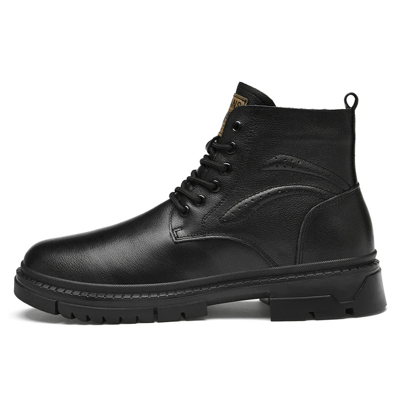Men's Black Leather Boots Side Zipper Lace-Up Ankle Boots Non-Slip Platform Combat Boots for Casual Work Outdoor Big Size 49 50