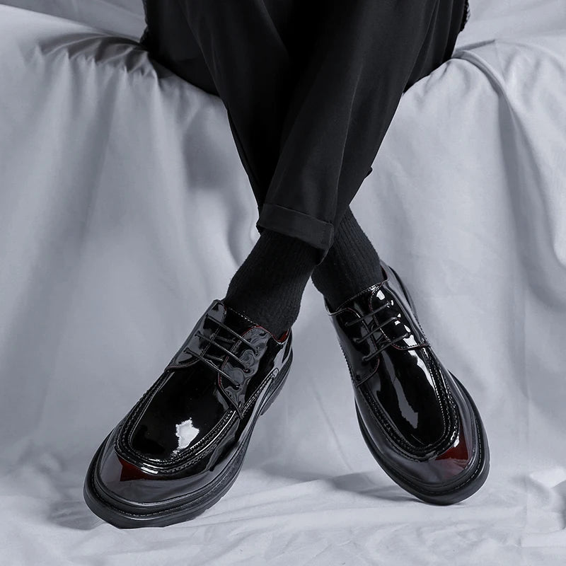 Men Korea Leather Platform Oxfords Slip On Thick Tottom For Male Derby Shoes Casual Loafers Mens Square Toe Formal Dress Shoes