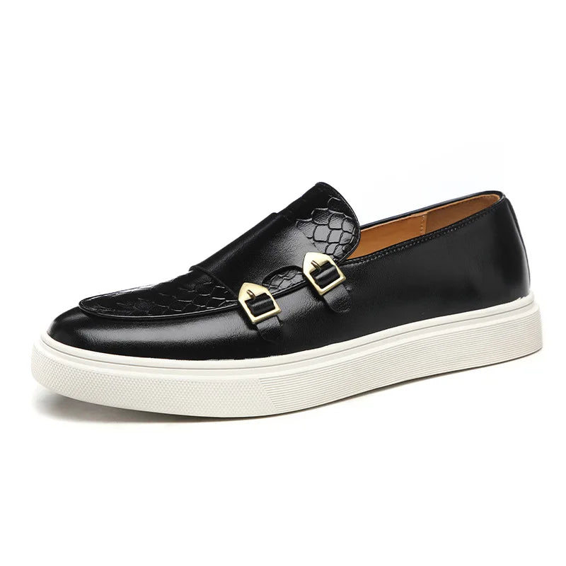 Man Casual Shoes Fashion Snakeskin Grain Leather Men's Retro British Style Loafers Slip-on Outdoor Flats Monk Shoe