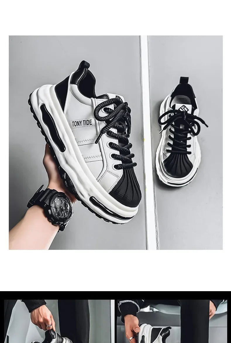 Men's Sneakers Design Printing Leather Casual Sports Shoes Fashion Comfortable Height Increased Flat Platform Skateboard Shoes