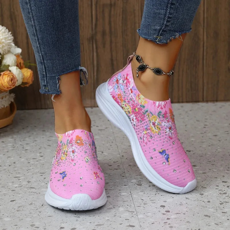 Flower Print Knitted Sneakers Women Shiny Crystal Breathable Walking Shoes Woman Plus Size Casual Non-Slip Sock Shoes Ladies