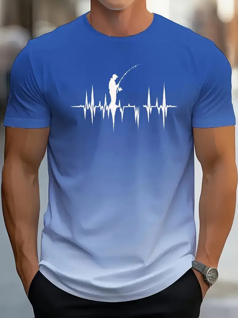 New Men's Casual Gradient Fishing Pattern 3D Print Short Sleeve T-shirt Summer Breathable Sports Outdoor Fishing Enthusiasts Top