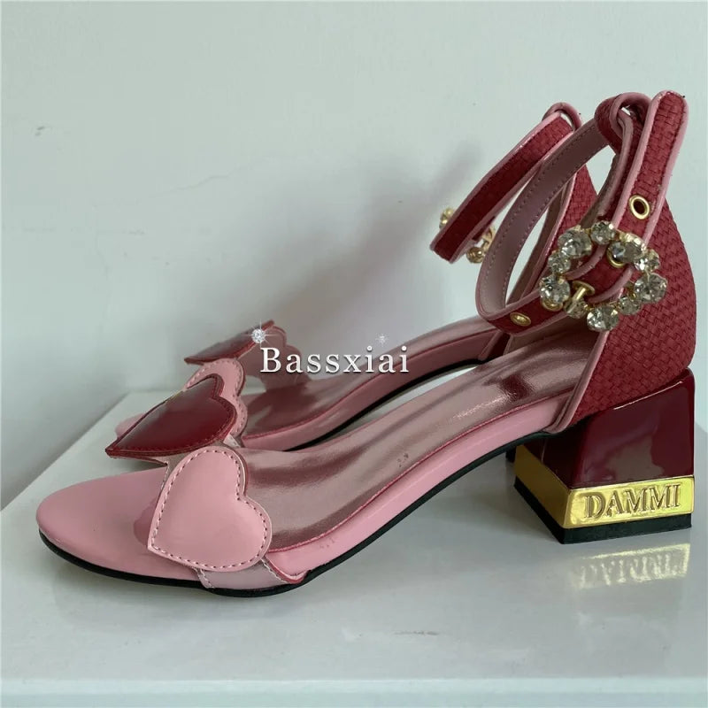 Sweet Love-heart One-Strap Sandals Women Letter Square Heel Open Toe Crystal Buckle Banquet Shoes For Girls Summer