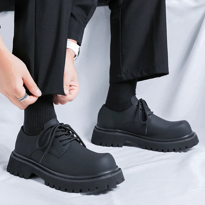 Brand Men's Lace Up Oxford Shoes Thick Sole Business Wedding Shoes Round Toe Green Sole Platform British Outdoor Casual Shoes