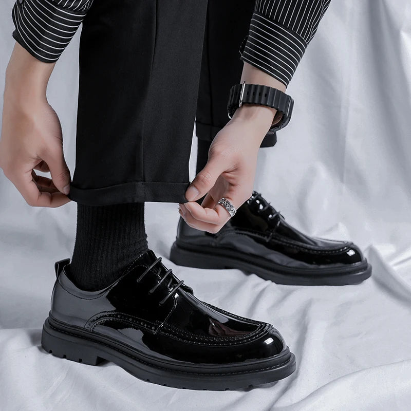 Men Korea Leather Platform Oxfords Slip On Thick Tottom For Male Derby Shoes Casual Loafers Mens Square Toe Formal Dress Shoes