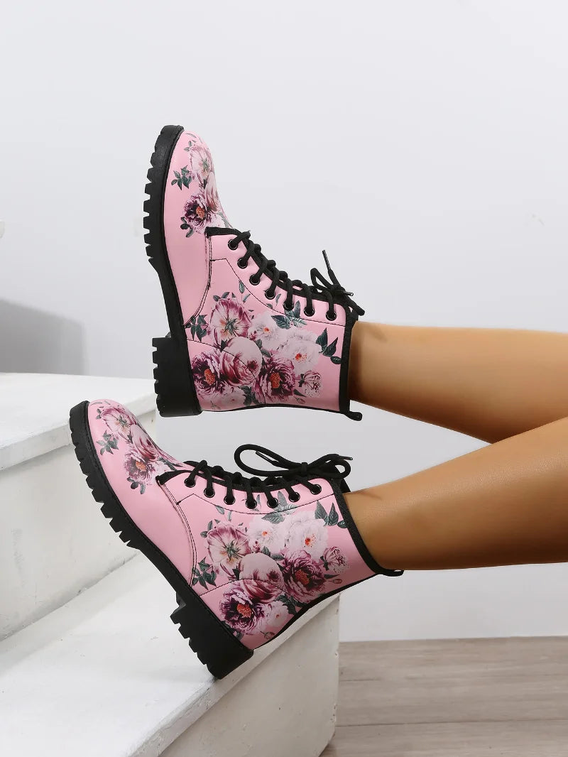 Comemore Spring 2025 Boots Leather Toe Lace-up Mid-tube Flat Pink Leather Boots Fashion Women's Low Heel Boot Shoes Plus Size 46