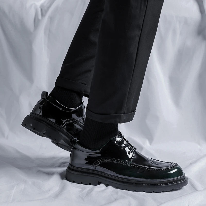 Men Korea Leather Platform Oxfords Slip On Thick Tottom For Male Derby Shoes Casual Loafers Mens Square Toe Formal Dress Shoes