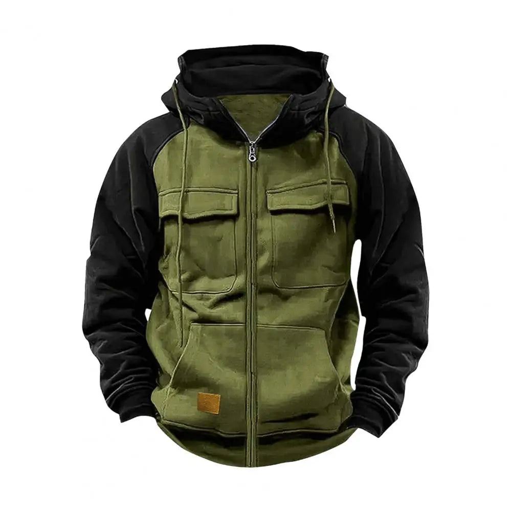 2024 Retro Cargo Hoodies Men's Half Zipper Solid Warm Fleece Sweatshirts Multi Pockets Male Hooded Jackets Thick Outdoor Hooded