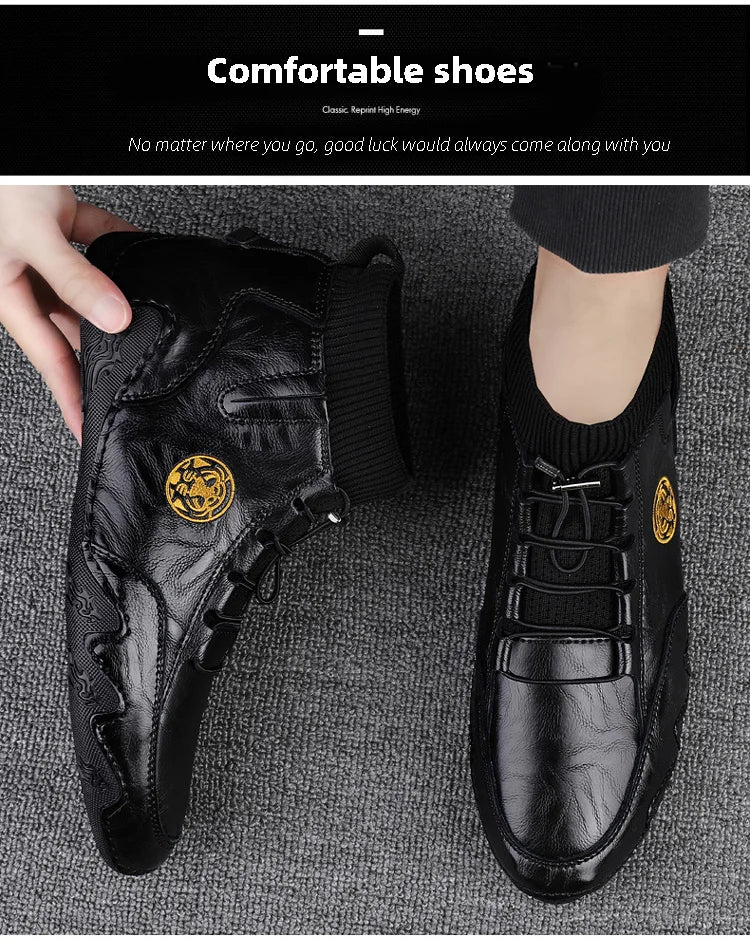 CLOHOO Men's Wear-resistant Boots Casual Classic Genuine Leather Handmade Shoes Ankle Round Toe Lace Up Walking Business Boot
