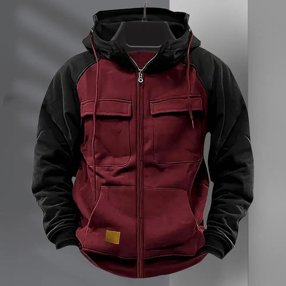 2024 Retro Cargo Hoodies Men's Half Zipper Solid Warm Fleece Sweatshirts Multi Pockets Male Hooded Jackets Thick Outdoor Hooded