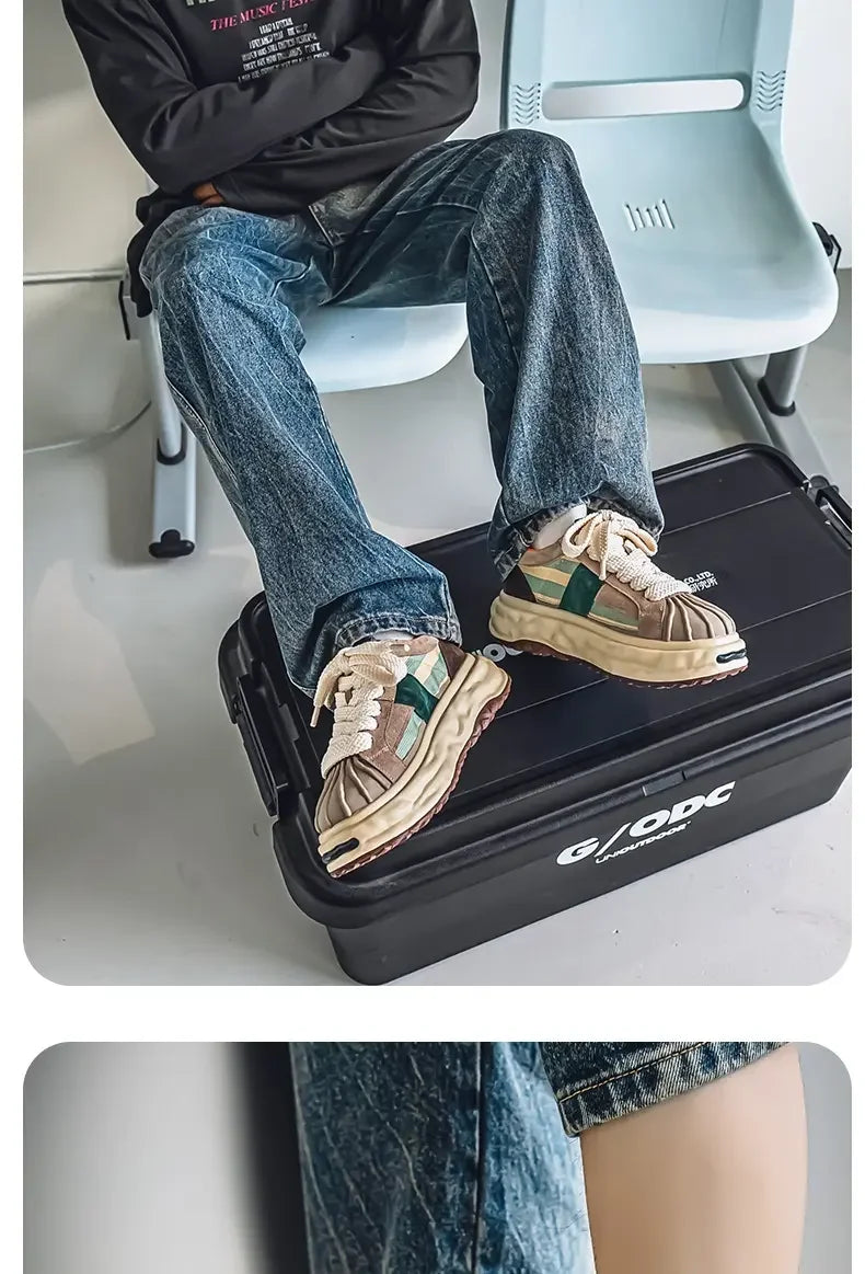Sneakers Casual Mens Designer Dissolved Sole Board Shoes Fashion Leather Fabric Breathable Height Increased Platform Sport Shoes