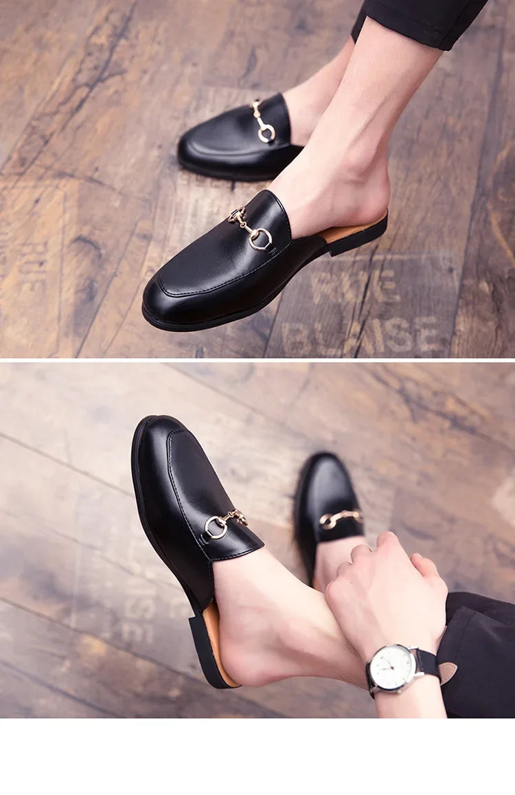 New Casual Men's Shoes Large Size 45 Fashionable British Style Slip-On Lazy Half Slippers Breathable PU Leather Comfortable