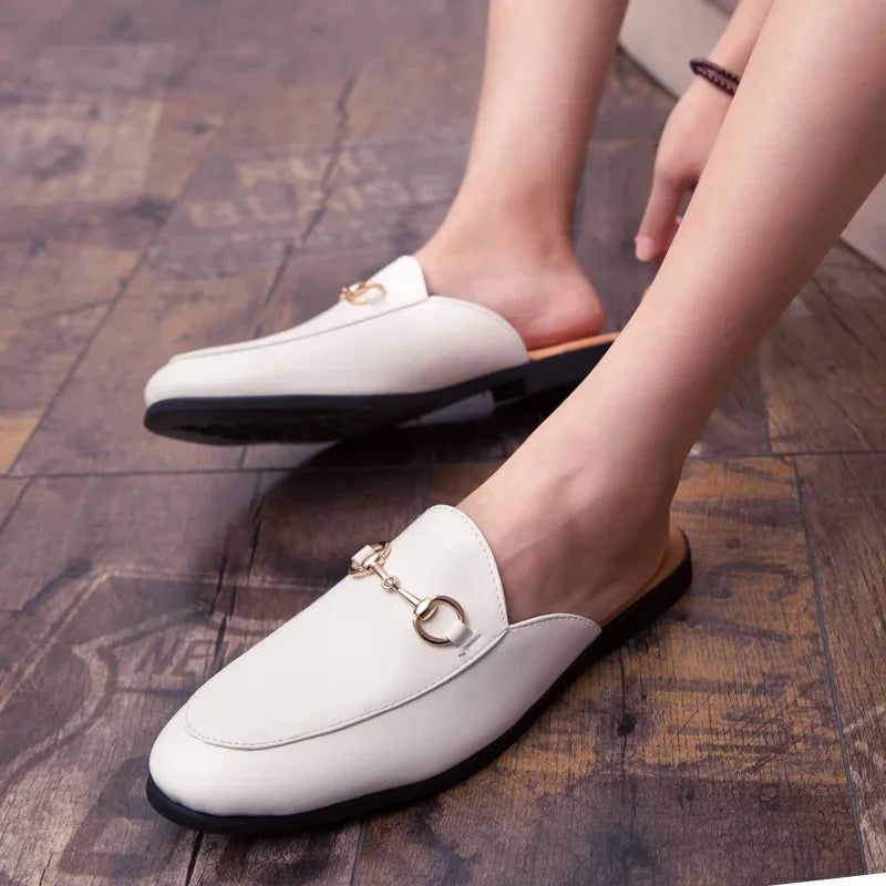 New Casual Men's Shoes Large Size 45 Fashionable British Style Slip-On Lazy Half Slippers Breathable PU Leather Comfortable