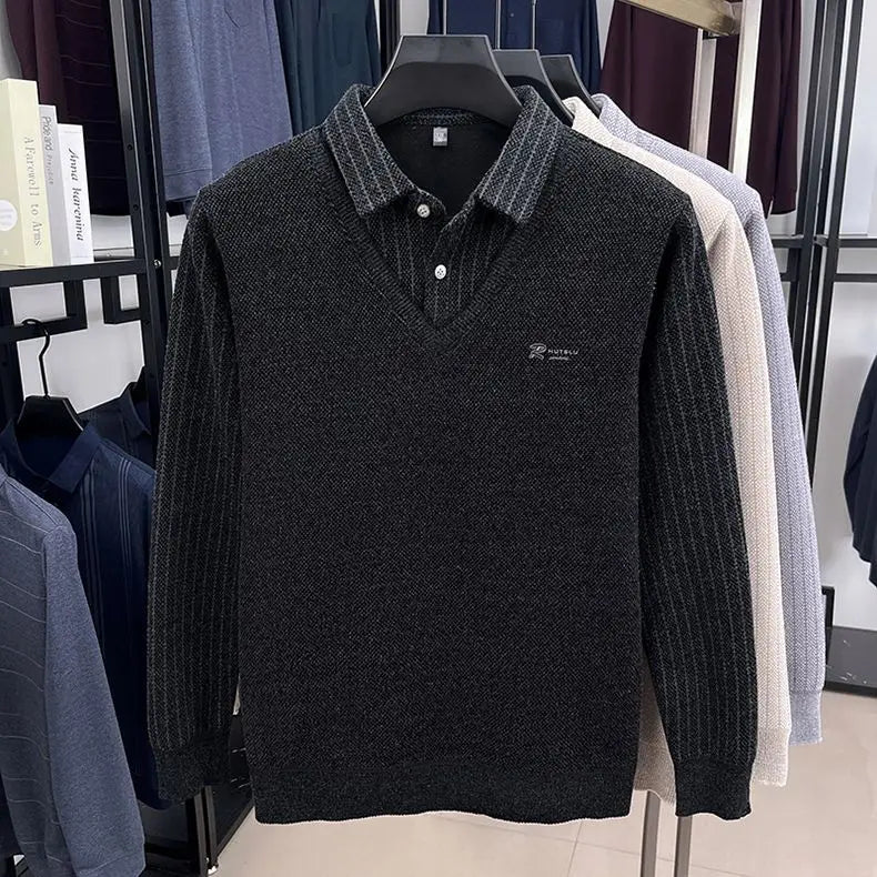 Mens Sweater Polo Collar Label Patchwork Stripes Plush Wool Liner Knitted Thickened Sweater Brand Luxury Print Thermo Menswear
