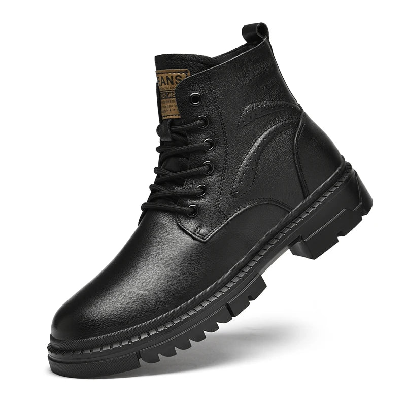 Men's Black Leather Boots Side Zipper Lace-Up Ankle Boots Non-Slip Platform Combat Boots for Casual Work Outdoor Big Size 49 50