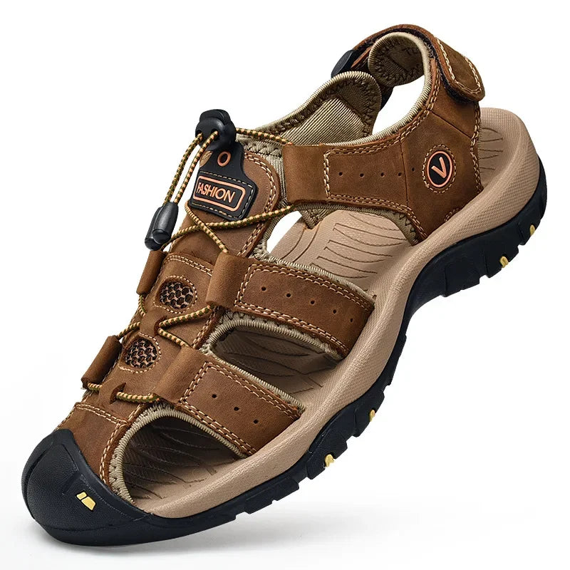 Men Summer Beach Sandals Outdoor Non-slip Wading Shoes Fisherman Leather Breathable Hiking Non-slip Sandals Sandalia Masculina