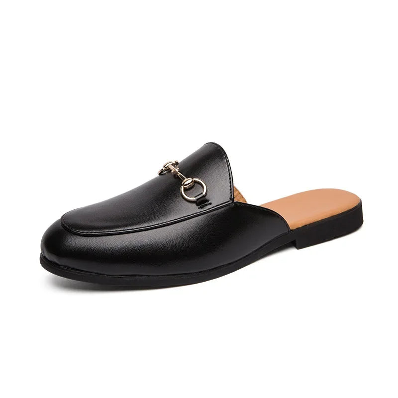 New Casual Men's Shoes Large Size 45 Fashionable British Style Slip-On Lazy Half Slippers Breathable PU Leather Comfortable