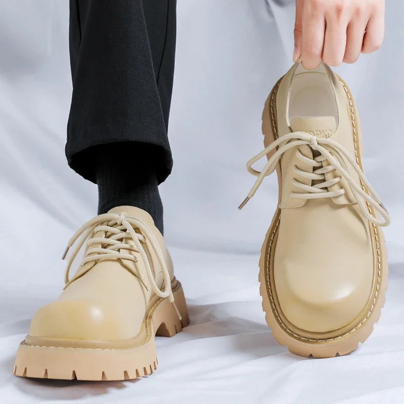 Brand Men's Lace Up Oxford Shoes Thick Sole Business Wedding Shoes Round Toe Green Sole Platform British Outdoor Casual Shoes