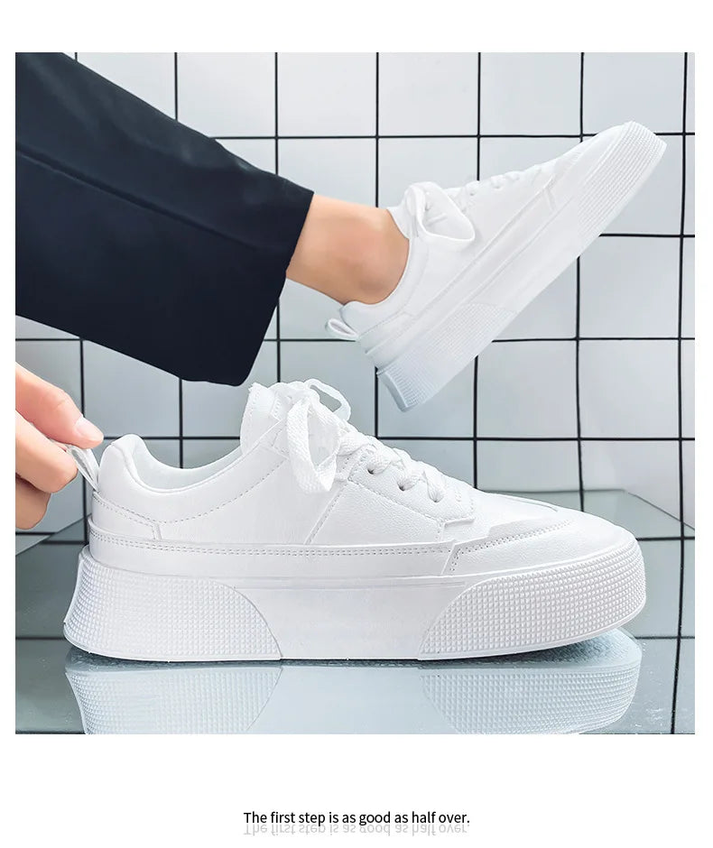 Men White Shoes Leather Casual Sneakers  Trend Platform Shoes Comfortable Vulcanized Shoes for Men White Tenis Masculinos