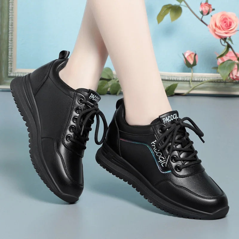 Women Versatile Non-slip Spring Autumn Soft Sole Soft Leather Shoes Fashion Breathable Lace-Up Solid Casual Flat Sneakers