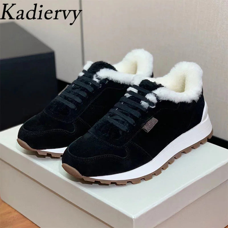 Casual New Sneakers Woman Round Toe Lace Up Outdoors Shoes Cow Suede Patchwork String Bead Comfort Flat Women's Sports Shoes